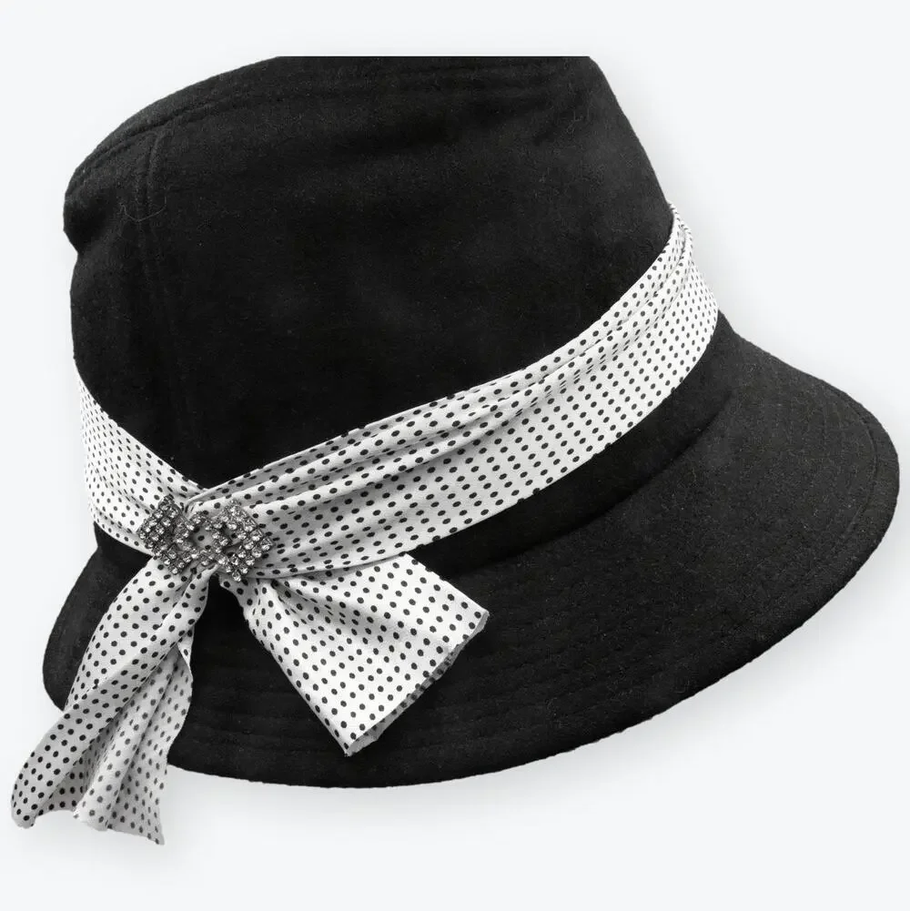 Black Felt Women Sun Hat White Polka Dot Hat Band